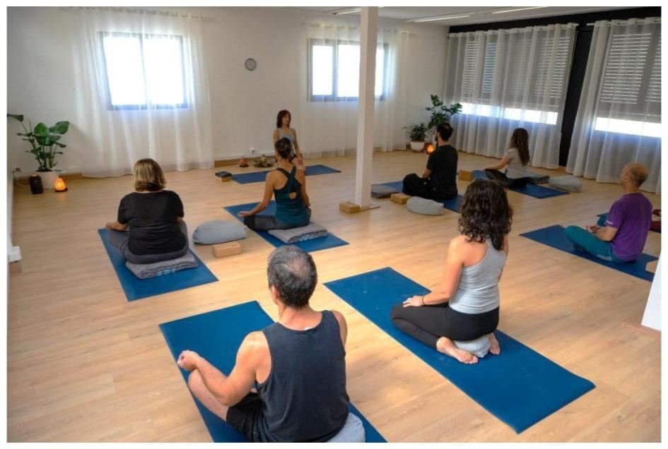 Clase de yoga en la sala, con el grupo sentado sobre esterillas azules